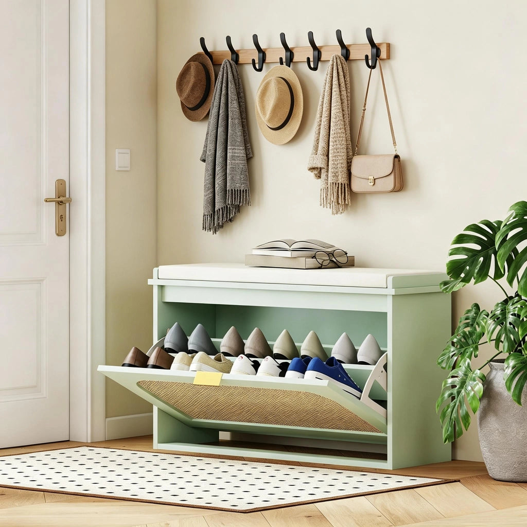 Scarpiera con vano contenitore e cuscino, 8 paia, tessuto effetto lino e MDF, verde e beige
