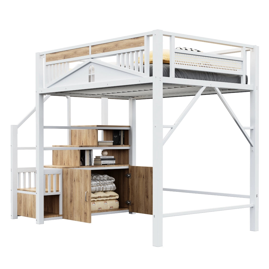 Letto a castello in metallo e legno bianco con funzione contenitore 140x200 cm