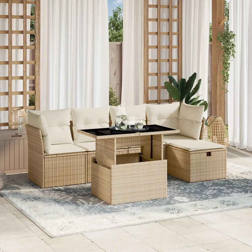 Set Divano da Giardino 6 pz con Cuscini Beige in Polyrattan