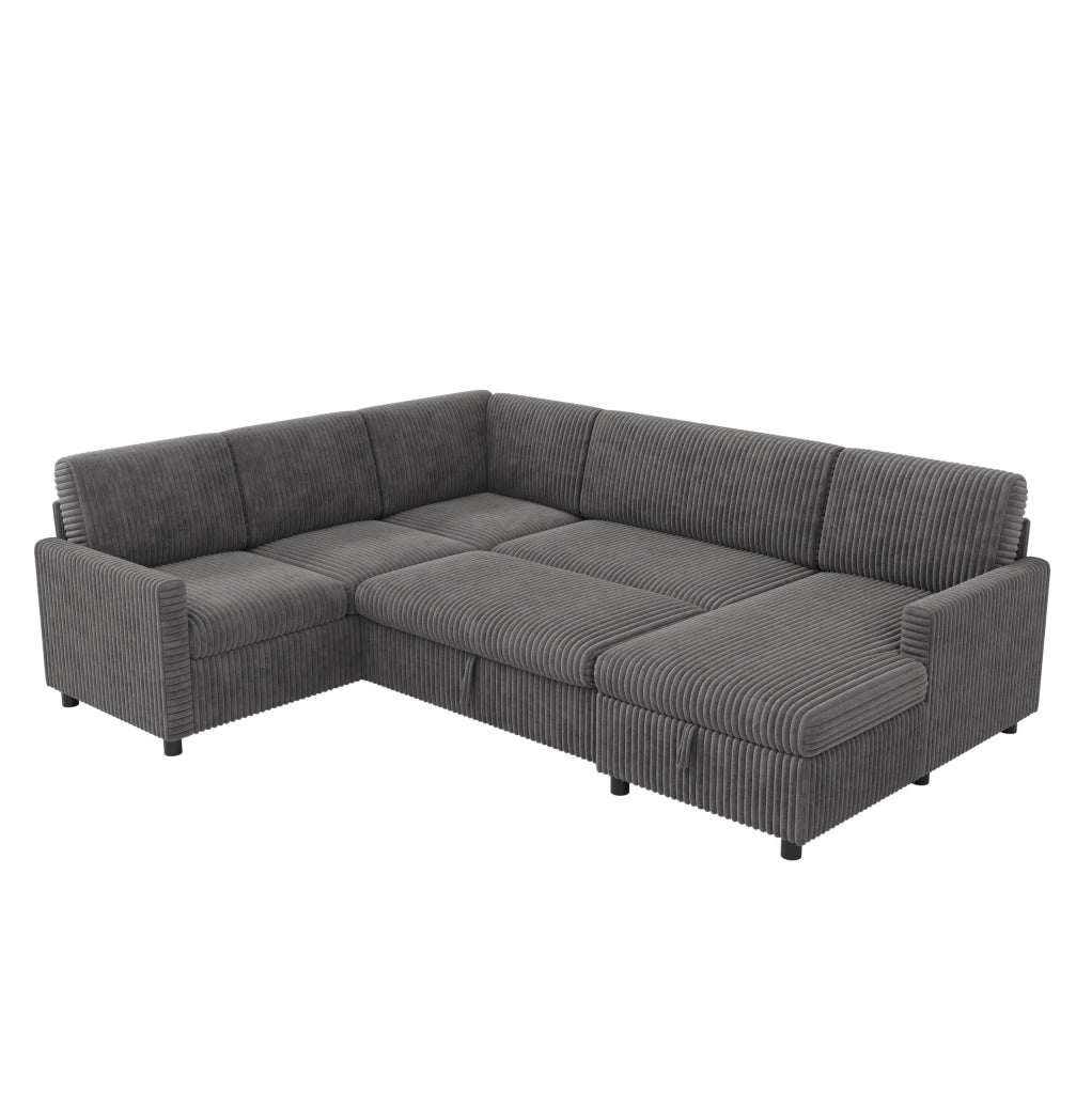 Divano letto angolare a U in velluto a coste grigio con contenitore