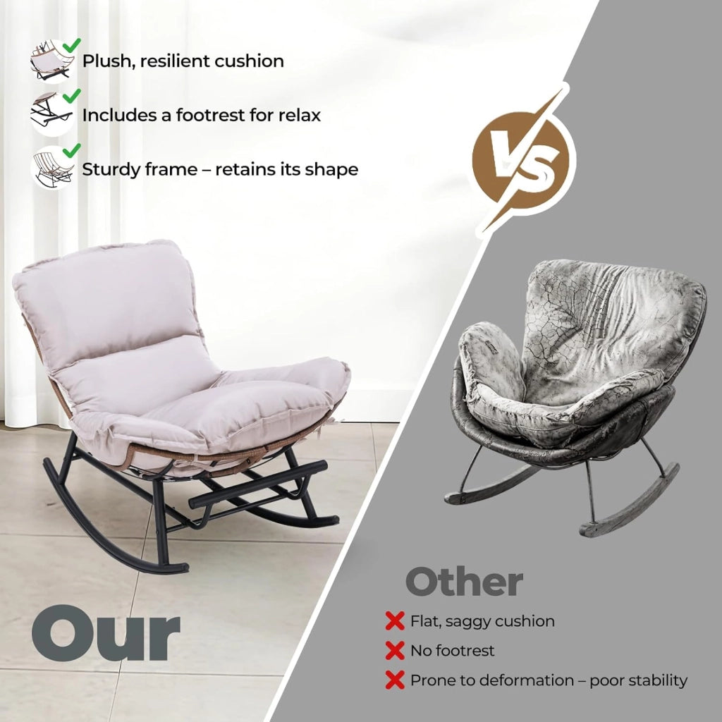 Sedia a dondolo, poltrona relax, struttura in acciaio, poggiapiedi estraibile, portata fino a 136 kg, per dormire, soggiorno, terrazza, giardino, beige