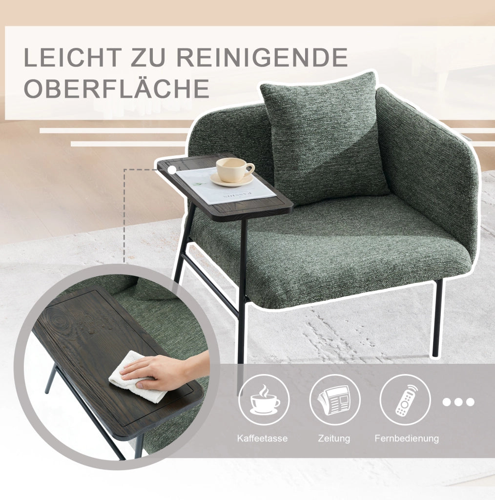 Poltrona relax in chenille smeraldo con tavolino laterale e tasche portaoggetti 86x72x71 cm