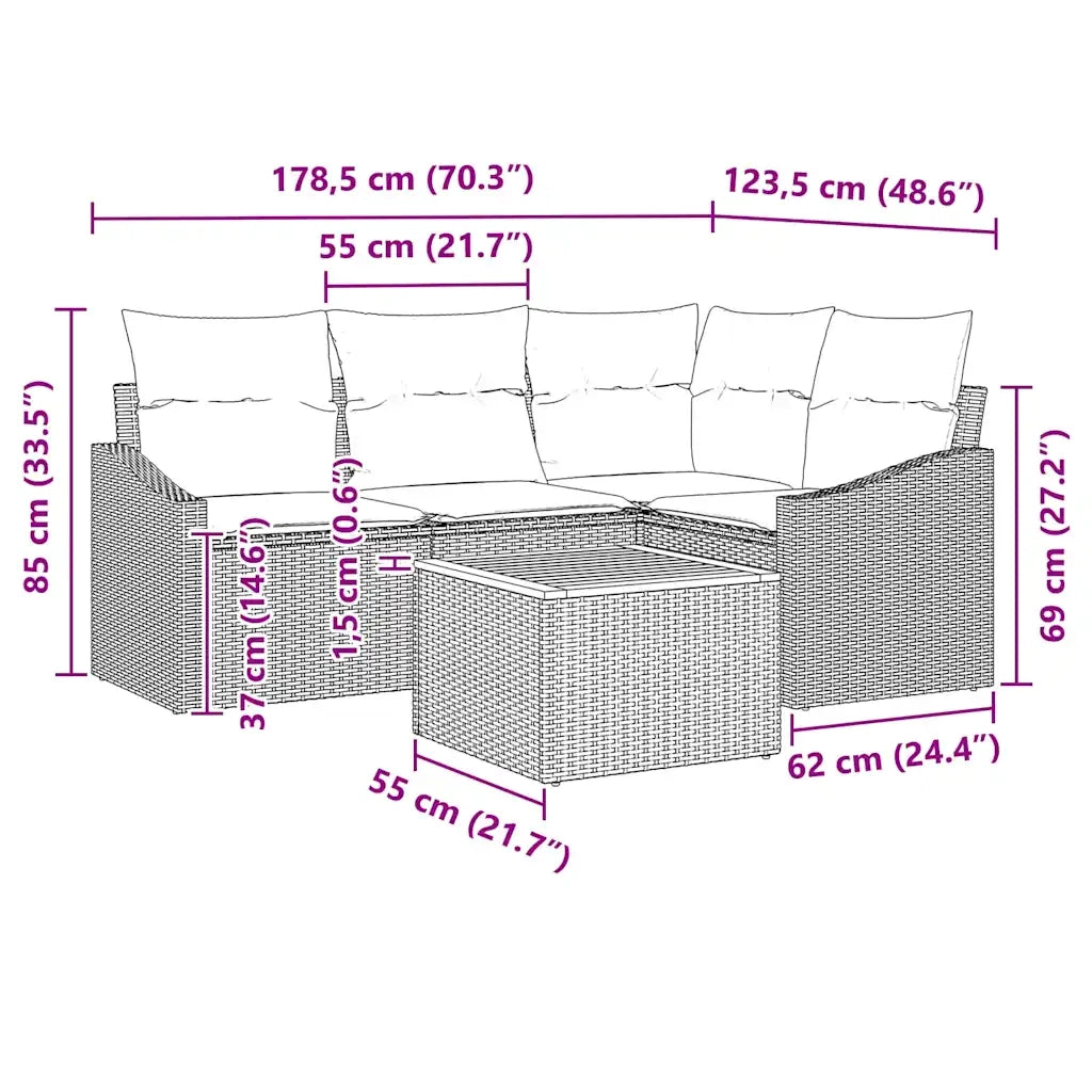Set Divano da Giardino con cuscino 5 pcs Nero polyrattan 3347824