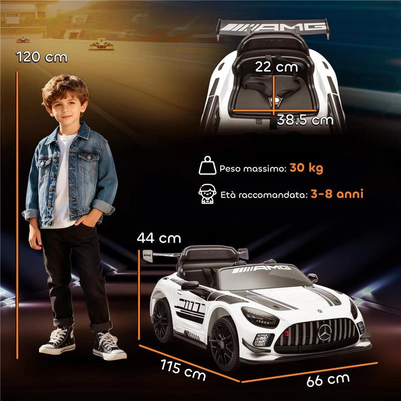 AUTO ELETTRICA BAMBINI 3-8 ANNI MERCEDES-AMG 12V CON TELECOMANDO, LUCI LED, ROTELLE DI TRASPORTO, BIANCO