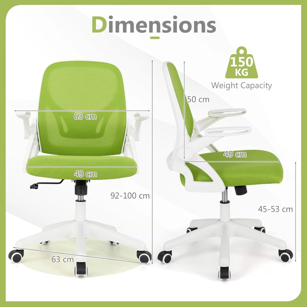Sedia da scrivania ergonomica, sedia da ufficio girevole in rete con ruote, altezza regolabile e braccioli pieghevoli, seduta imbottita, supporto lombare, carico 150 kg (verde)