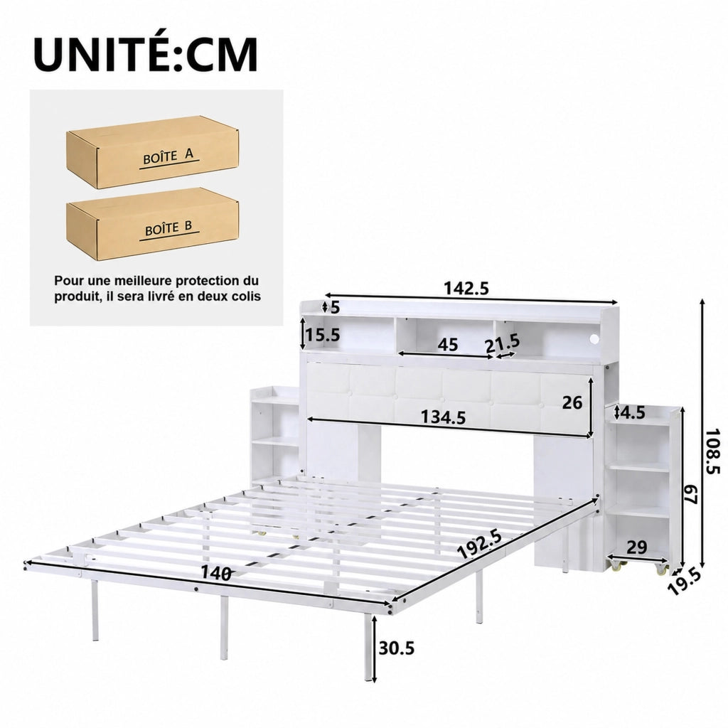 DESMIU Lit matrimoniale 140 × 190 cm con LED, USB, Type-C e 2 comodini, senza materasso, grigio