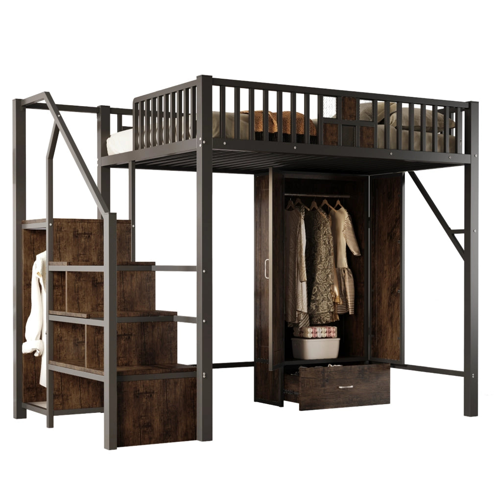 Letto a soppalco 140x200 cm in metallo e legno; nero; con armadio e scala contenitore