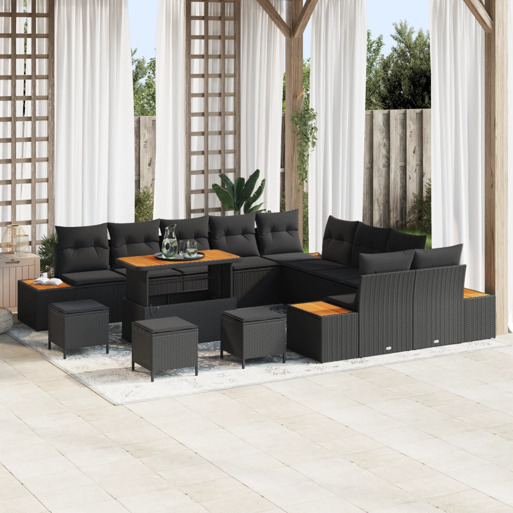 Set di divani da giardino 14 pezzi con cuscini neri in polyrattan acacia
