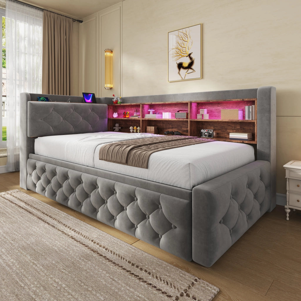 DIVANO LETTO Estraibile 90x190 cm Velluto Grigio Scuro con LED, USB e Type-C