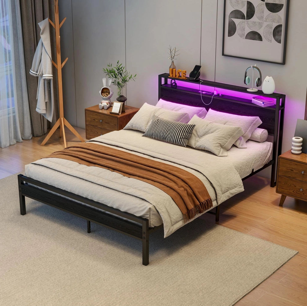 Letto 140x200 con contenitore e USB in MDF e metallo nero