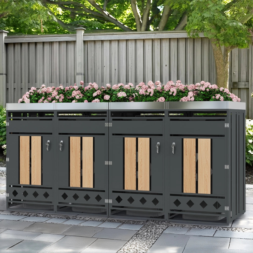 Copribidoni con Fioriera Integrata e 4 Scomparti con Serratura in Acciaio Grigio con Effetto Legno