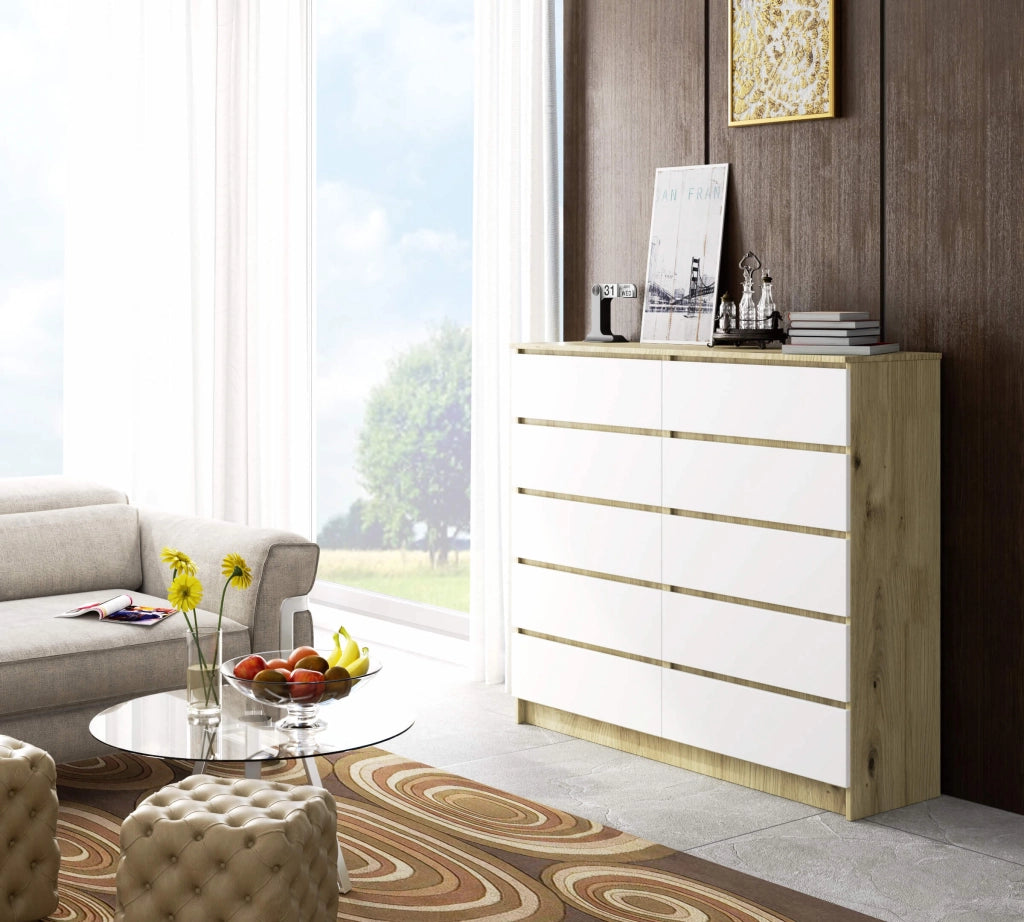 Cassettiera AKORD K140 Quercia Artisan 138 cm 10 cassetti inserto frontale Bianco 138x40x121 cm
