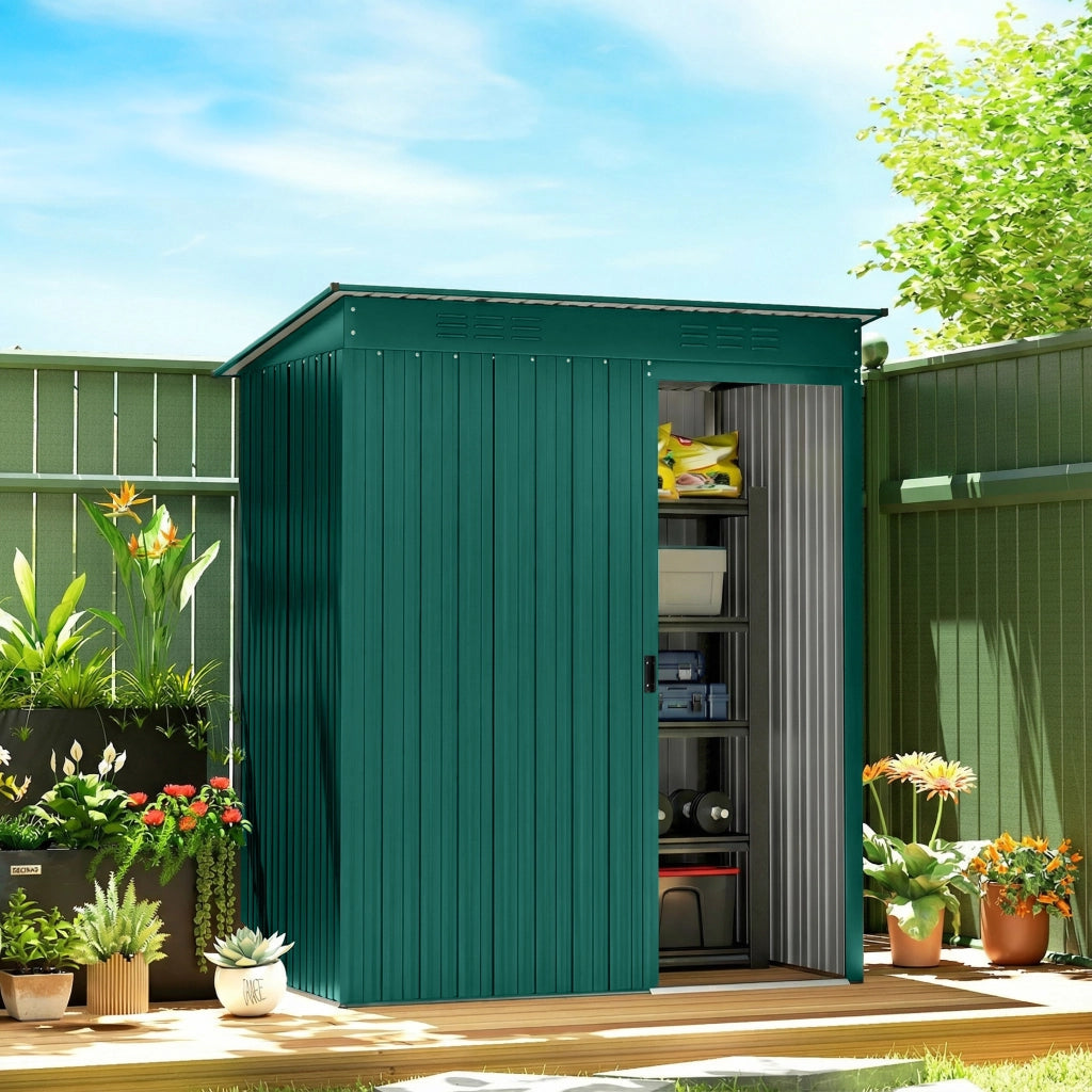 Casetta da Giardino in Metallo con Prese d'Aria e Porta Scorrevole, 159x106x181 cm, Verde