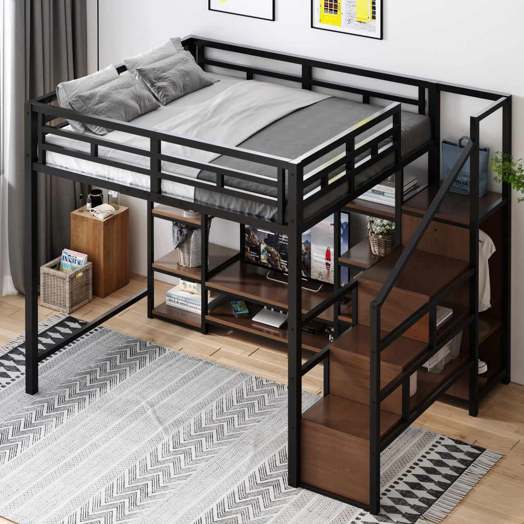 Letto a soppalco 140x200 cm con supporto TV; prese USB; scala di sicurezza e contenitore; metallo e legno nero