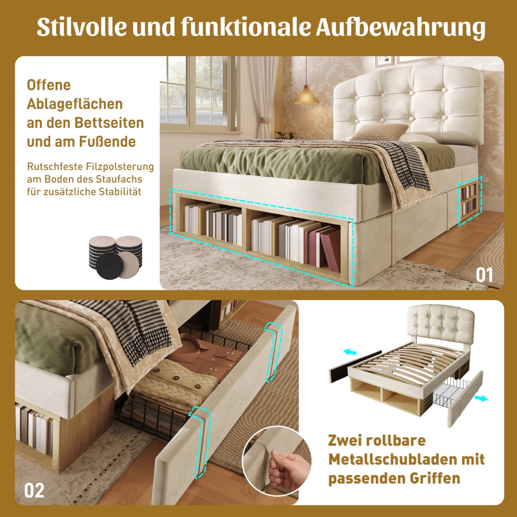 Letto imbottito beige con testiera regolabile e contenitore
