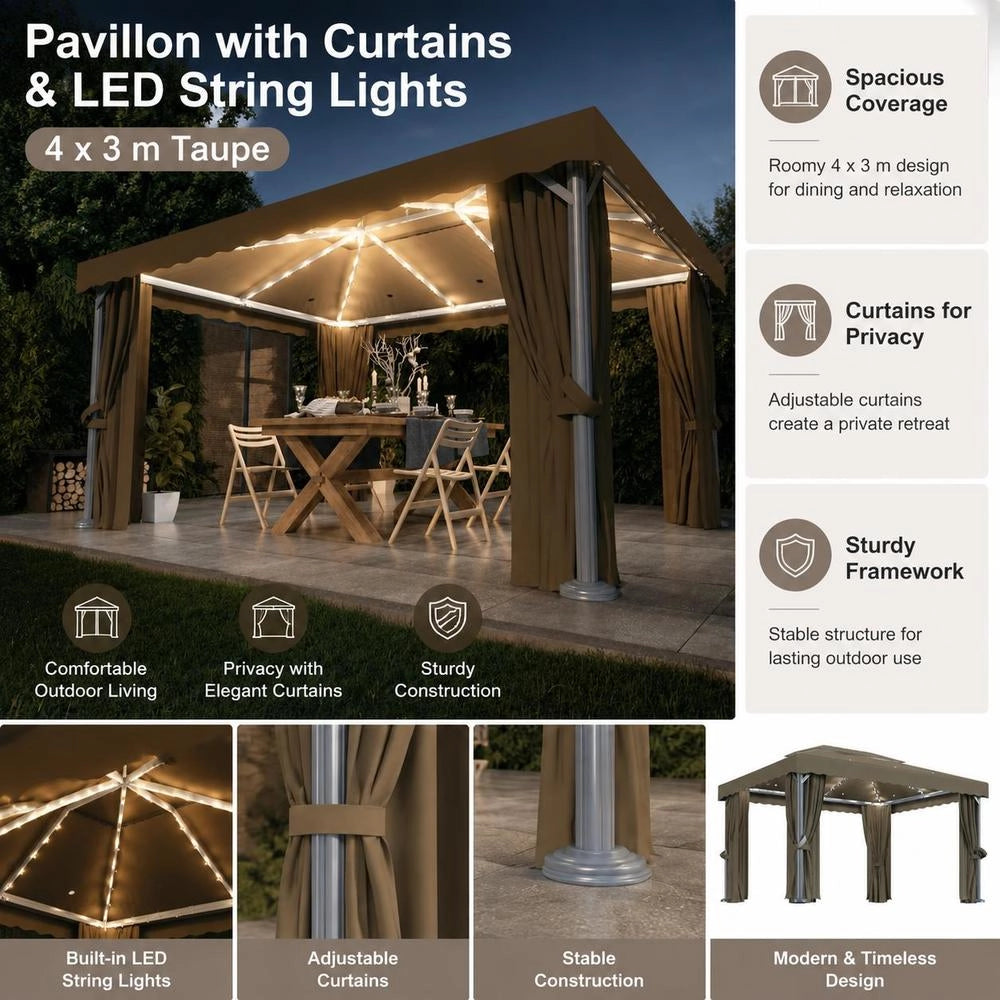 Pavilion With Curtains & LED String Lights 4x3 M Taupe