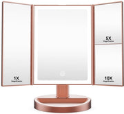 Specchio di trucco con illuminazione, 10x/5x/1x ingrandimento con illuminazione e 3 colori di illuminazione, specchio pieghevole con illuminazione e luce LED regolabile, caricabile via USB, finitura rosé oro.