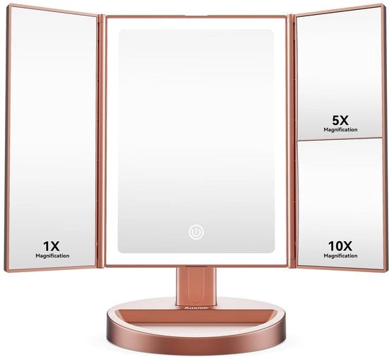Specchio di trucco con illuminazione, 10x/5x/1x ingrandimento con illuminazione e 3 colori di illuminazione, specchio pieghevole con illuminazione e luce LED regolabile, caricabile via USB, finitura rosé oro.
