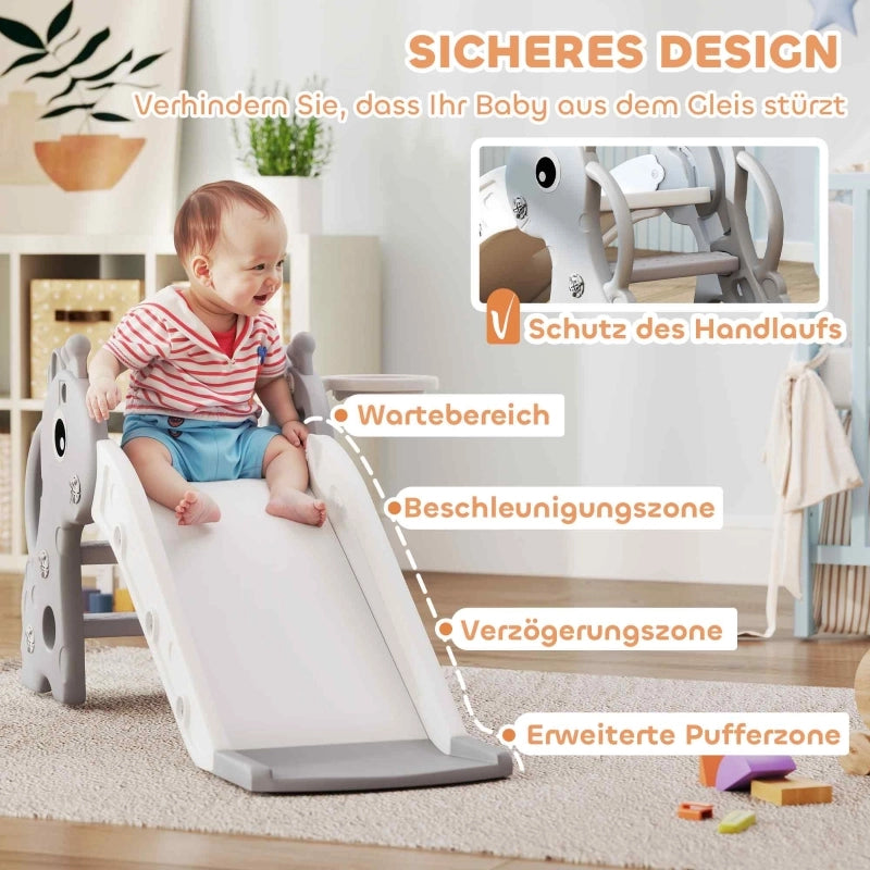Scivolo 3 in 1 per bambini, a forma di giraffa, con canestro da basket e palla, colore grigio.