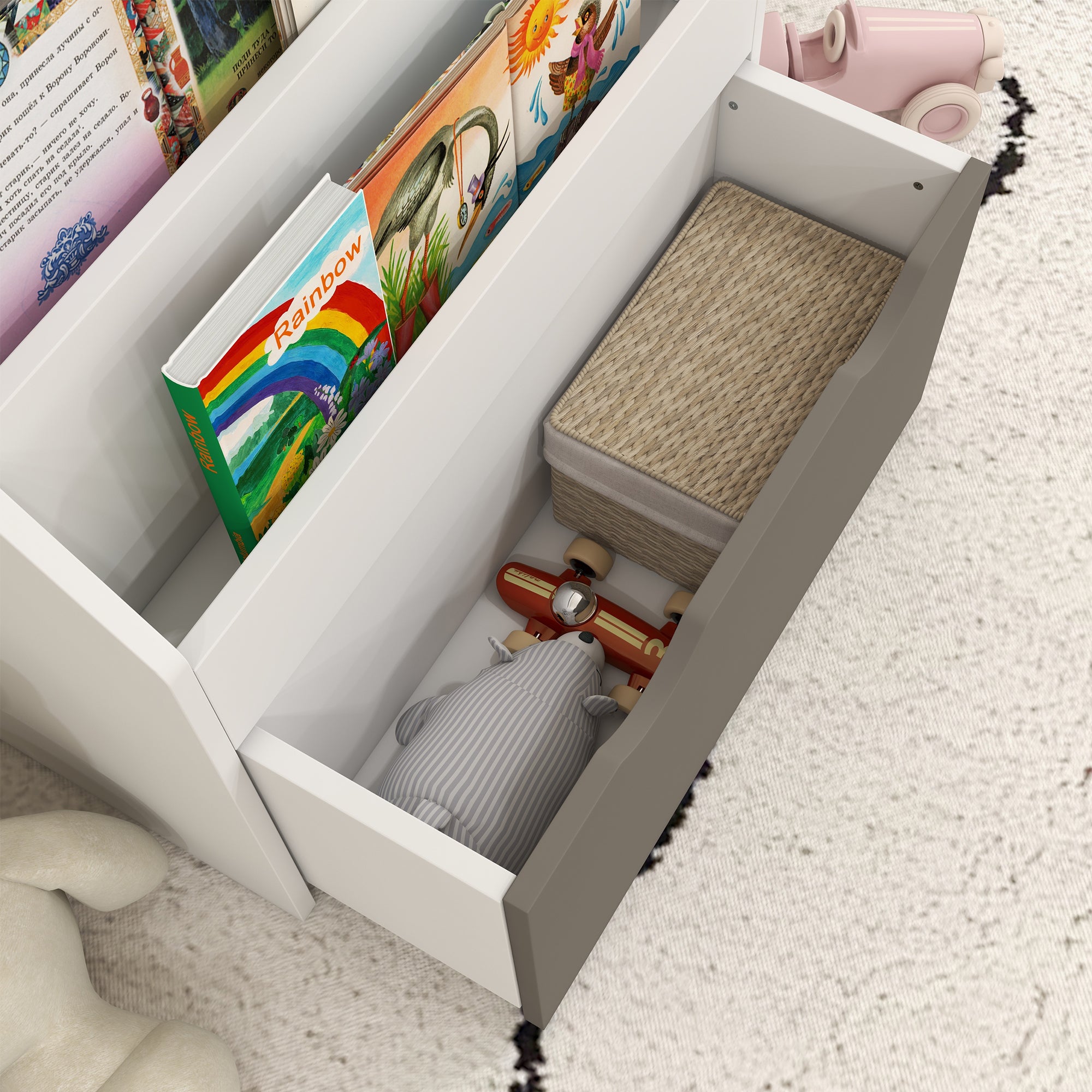 Libreria per Bambini 3-8 Anni 62.5x30x70 cm a 3 Ripiani con Cassetto Inferiore in MDF Grigio