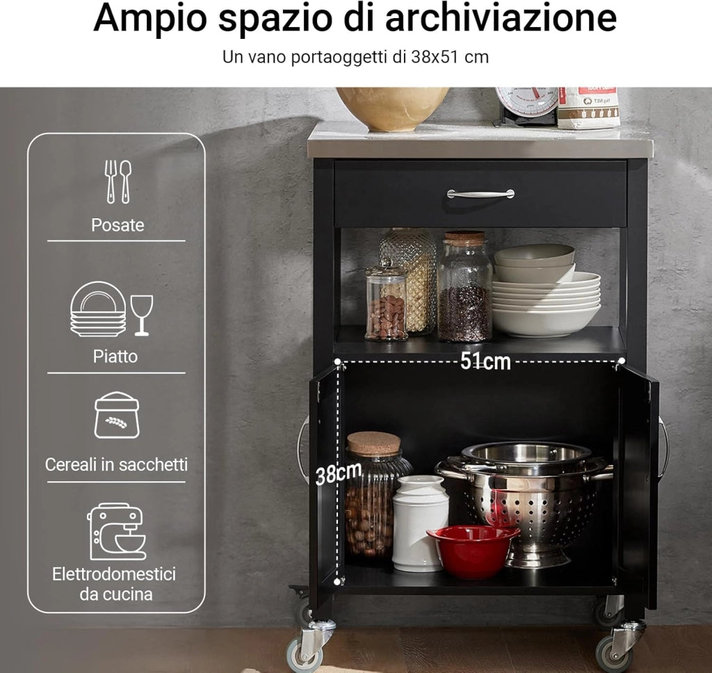 Carrello cucina salvaspazio con piano di lavoro – Mobile cucina con ruote, ideale come mobiletto cucina, credenza compatta o mobile microonde – Disponibile in Nero 60x92x45cm FKW22-SCH