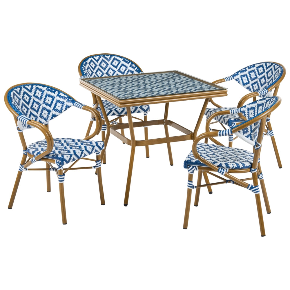 Set da pranzo da giardino a 4 posti in rattan marrone scuro e alluminio Bianco e blu struttura in alluminio