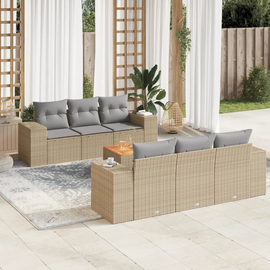 Set Divani da Giardino 7 pz con Cuscini Beige in Polyrattan