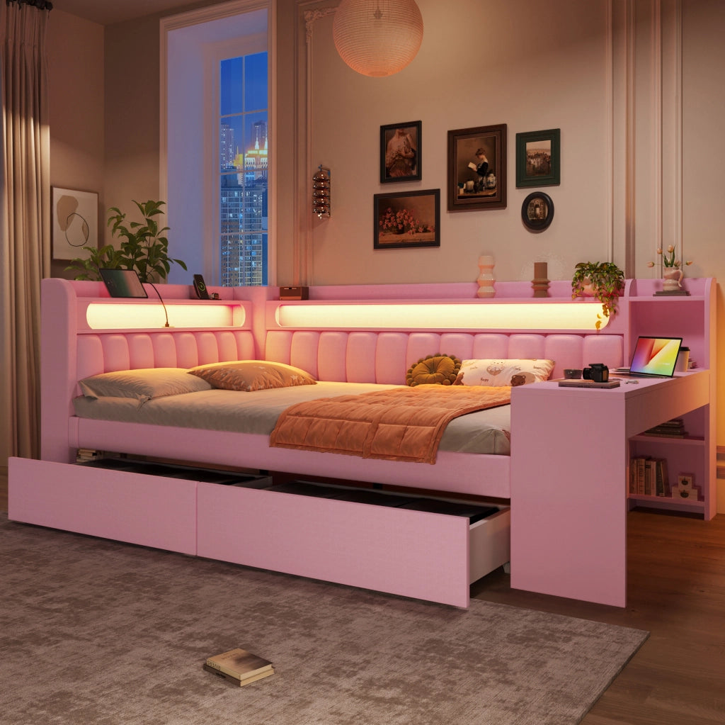 LETTO 140x200 cm Rosa con scrivania, 2 cassetti, USB e LED