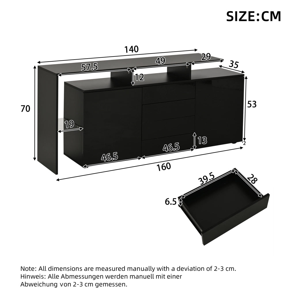 Credenza con 2 Ante; 4 Cassetti; 2 Vani a Giorno e LED; Controllo tramite App; Nero; 160¡Á35¡Á70 cm