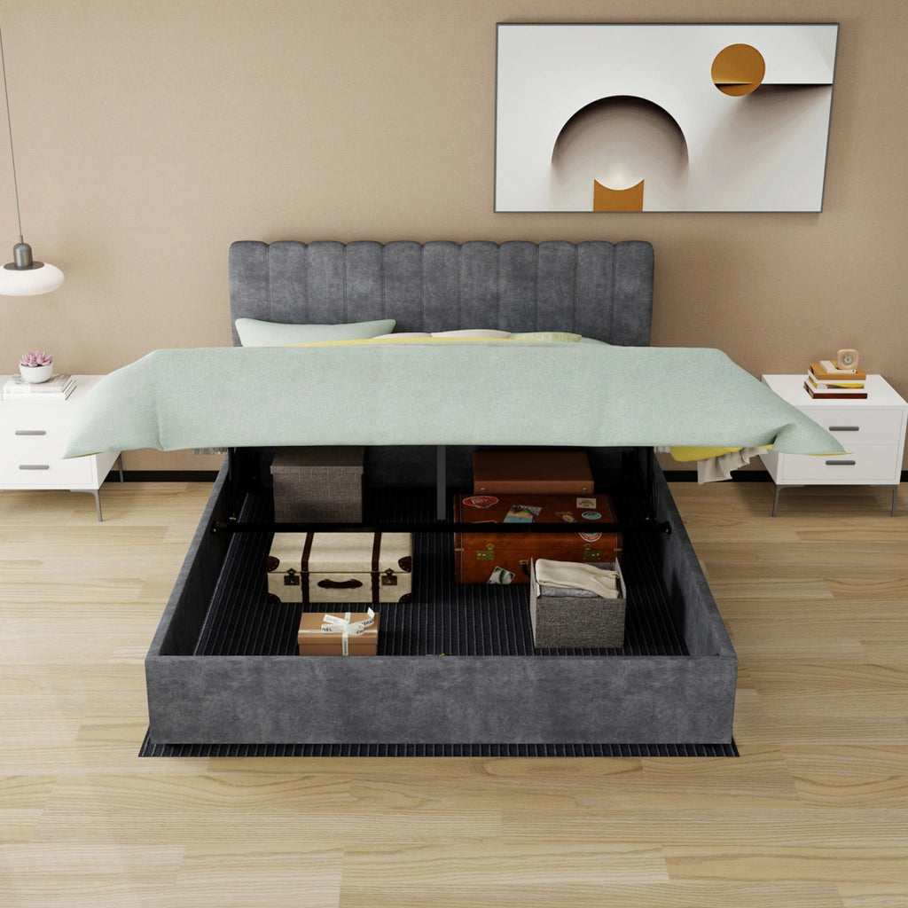 Letto imbottito moderno con testiera morbida e contenitore, 160x200 cm, grigio