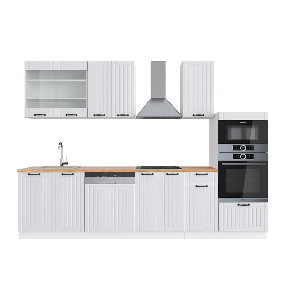 Cucina componibile Fame-Line Bianco rustico/Bianco 300 cm con armadio alto, PL Rovere Vicco
