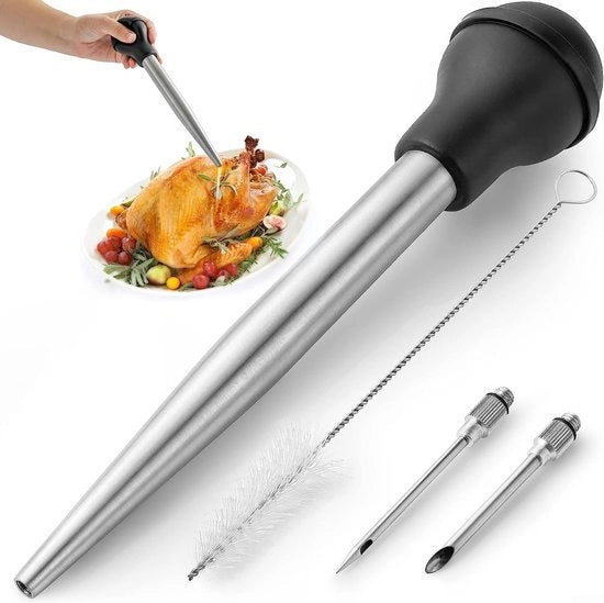 Iniettore di carne in acciaio inossidabile - Baster con 2 aghi per marinatura - Spazzola di pulizia - Resistente al calore fino a 200°C - Duraturo e antiscivolo