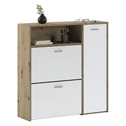 Mobile da ingresso Scultore, Entratina appendiabiti, Composizione per atrio, Consolle portaoggetti multifunzione, 92x27h94 cm, Rovere e Bianco