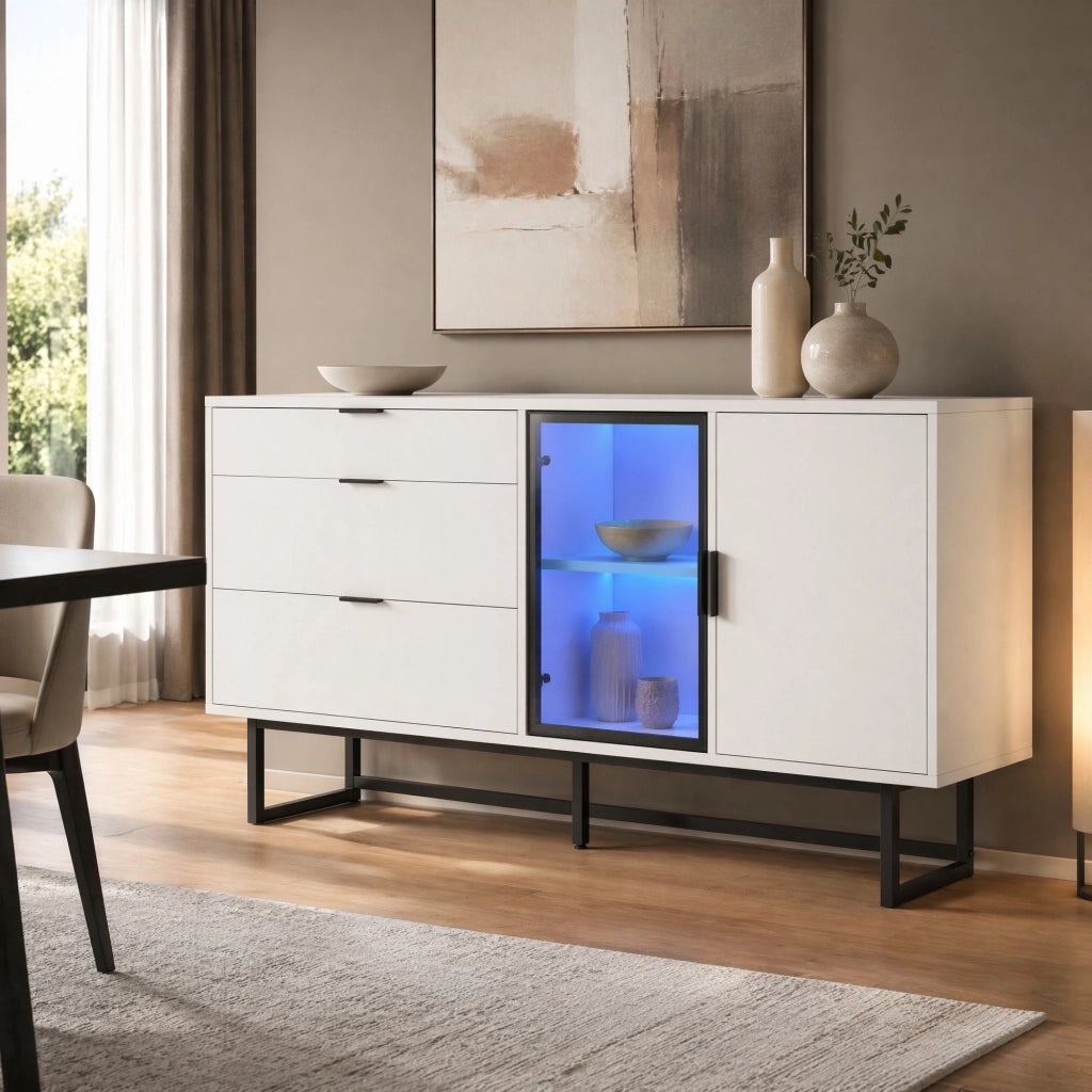 Sideboard moderno bianco 160x36x78 cm con LED; vetrina e tre cassetti