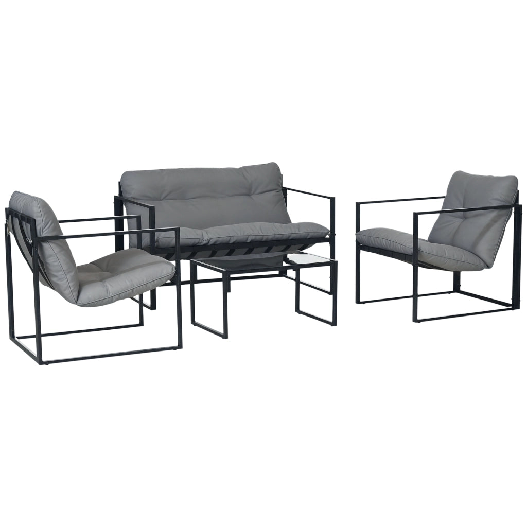 Set da Giardino 4 Pezzi con Divanetto, 2 Poltrone e Tavolino, in Acciaio, Poliestere e Cotone PP, Nero e Grigio