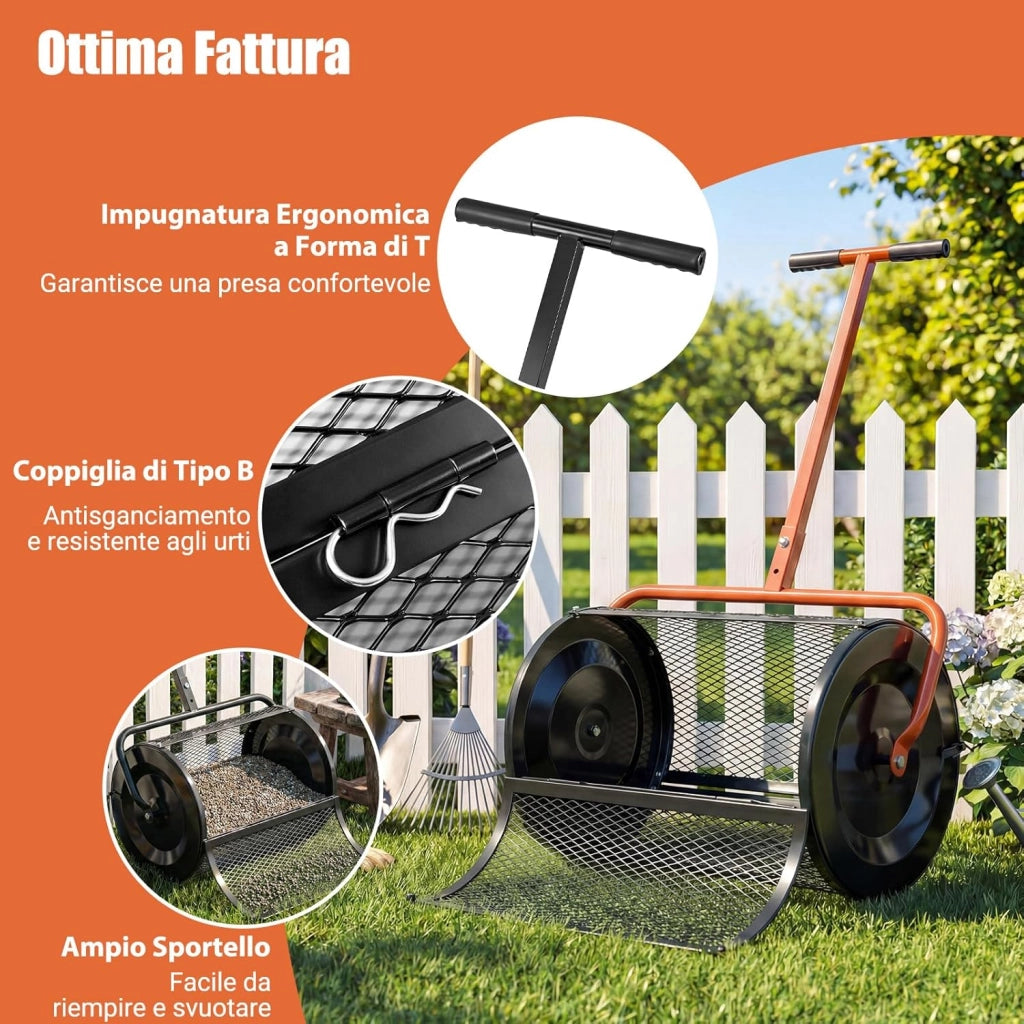 Spandiconcime a Rullo, Rullo da Giardino con Impugnatura Pratica Chiusure Laterali e Rete in Metallo per Concimazione e Semina, Spandiconcime per Prato e Giardino (40 x 61 cm Arancione)