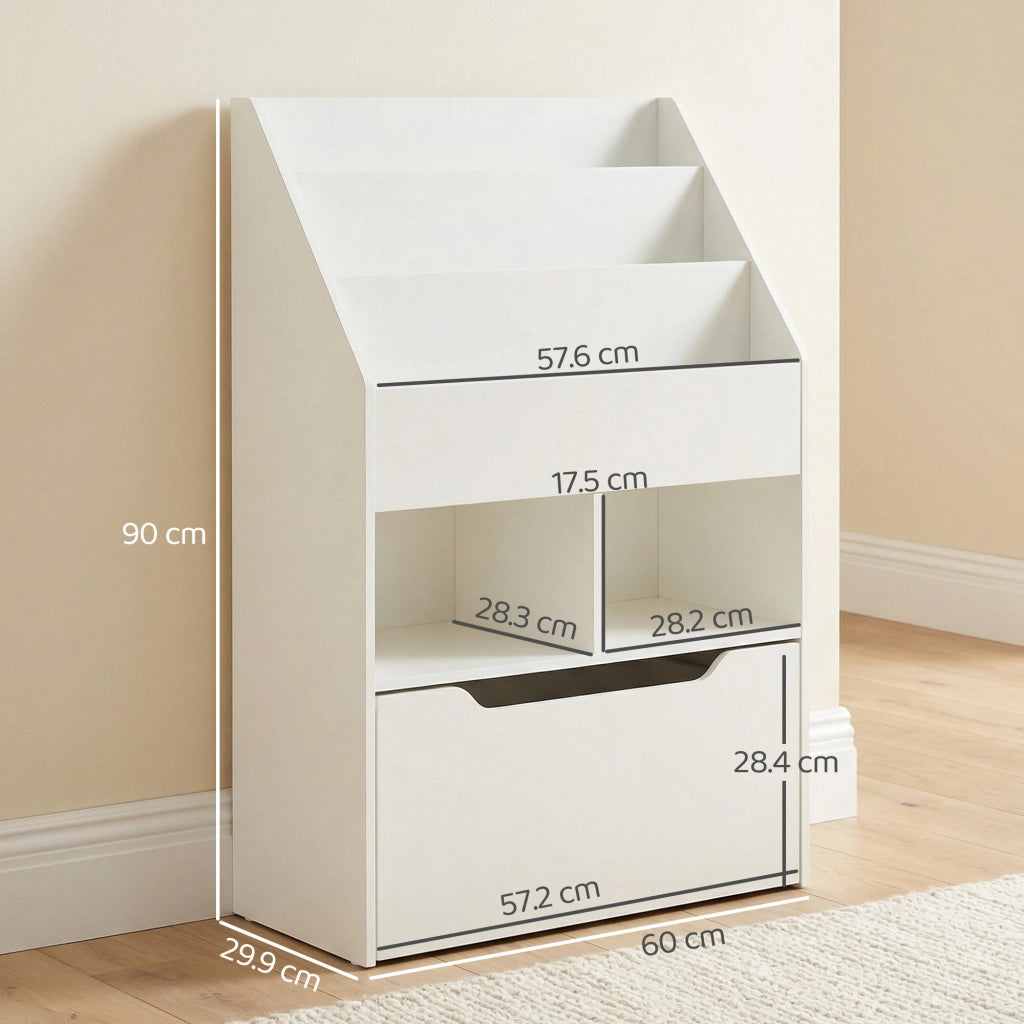 Piccola Libreria per Bambini con Ripiani e Cassetto in MDF. 60x29.9x90cm. Bianco