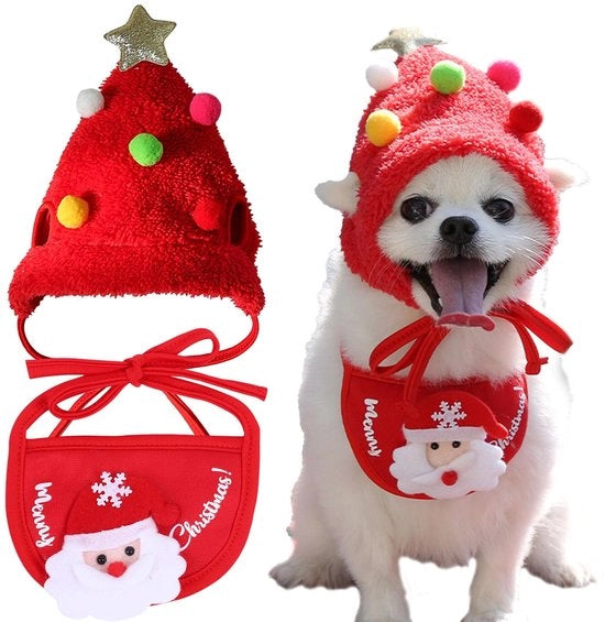 Cappotto per animali domestici a forma di testa di gatto con stella e pompon - Abito da Natale per animali - Rosso - Materiale in pile