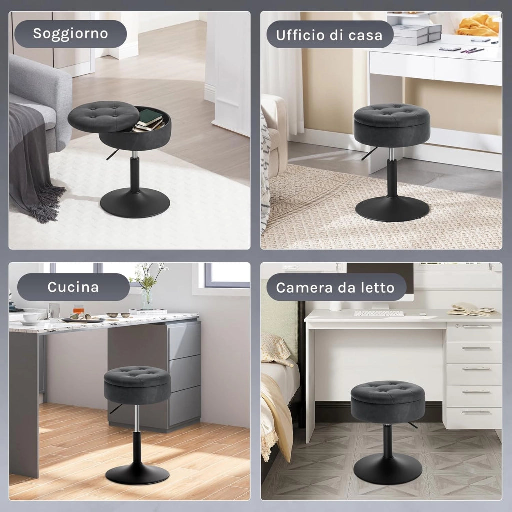 Sgabello da Trucco Girevole, Sedile Regolabile in Altezza, Sedia da Bar Rotondo con Contenitore, Pelle sintetica vintage, Base in Metallo, per Cucina, Soggiorno, Antracite, BH439an-1
