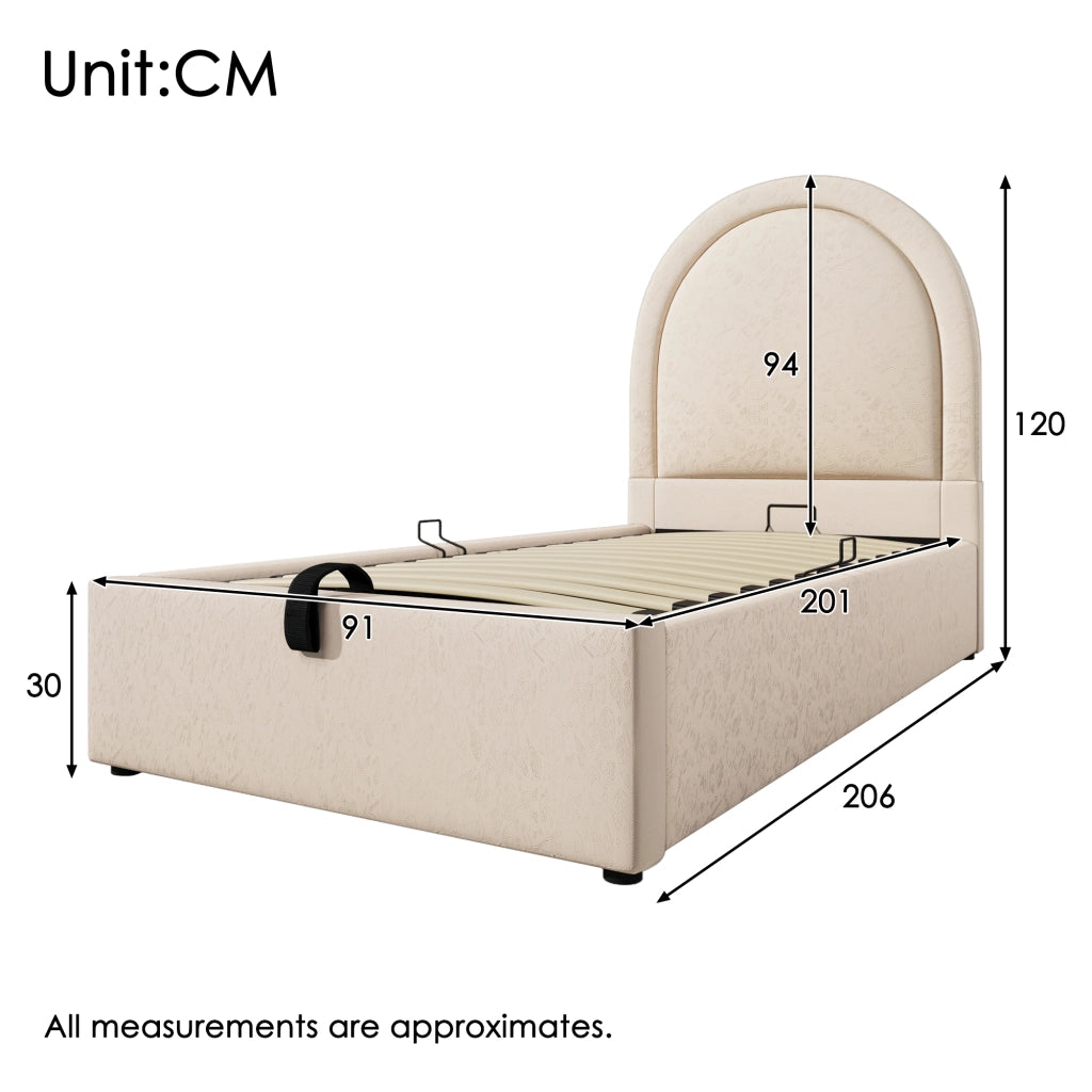 Letto Contenitore Letto Singolo 90×200 cm con Vano Sottoletto e Testiera Imbottita; senza Materasso; Beige