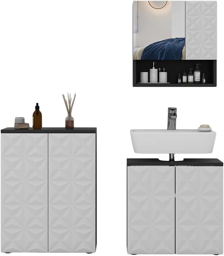 Set di mobili da bagno Edge, Nero, 60 cm, composto da mobile sottolavabo, specchiera e mobile medio
