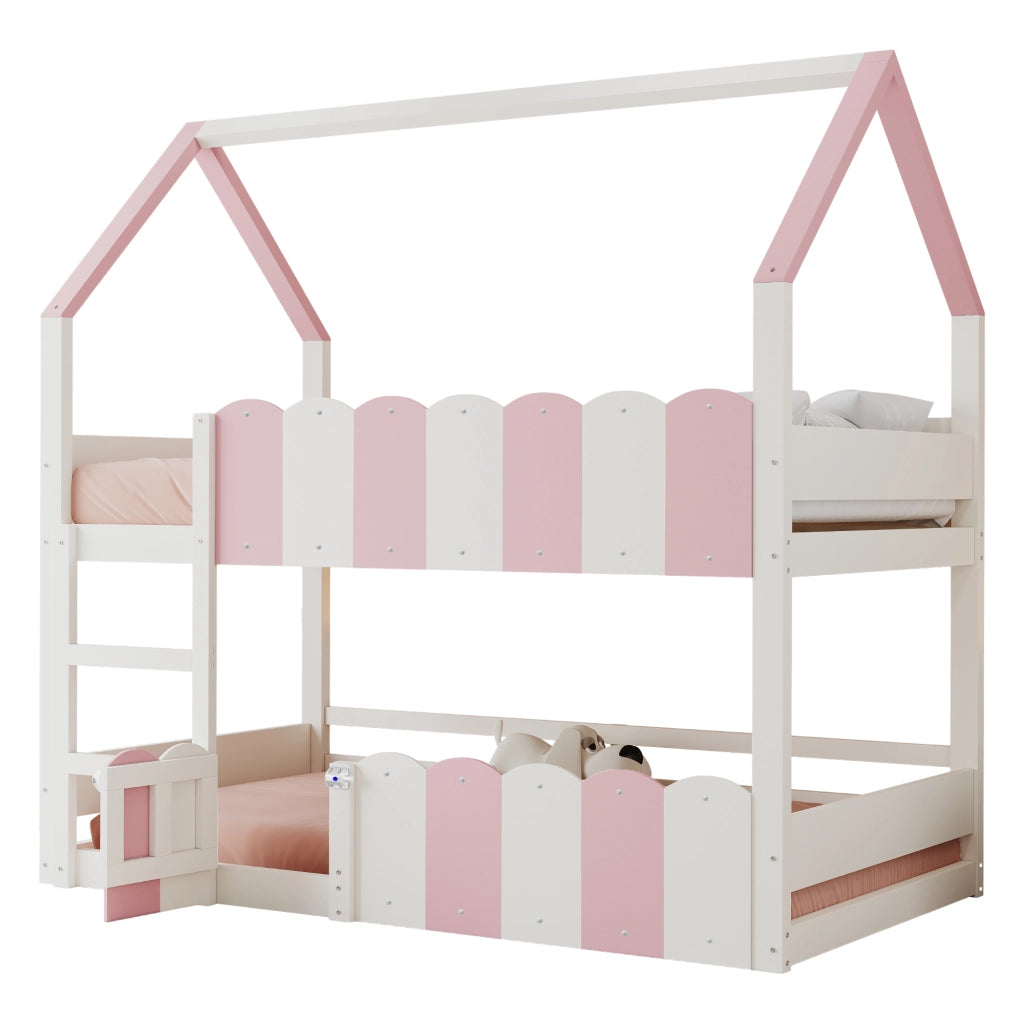 OKWISH Letto a Castello 90×200 cm, Letto Singolo con Design a Casetta, Scala Dritta e Sponde di Sicurezza, senza Materasso, Bianco e Rosa