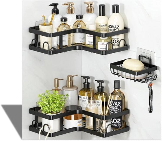 Cassetta da doccia autoadesiva - 3-Pack Organizzatore da doccia - Acciaio inossidabile - Inclusa la cassetta di sapone & 12 ganci - Piastra da doccia senza forare - Piastra da doccia per bagno e toilette - Nero