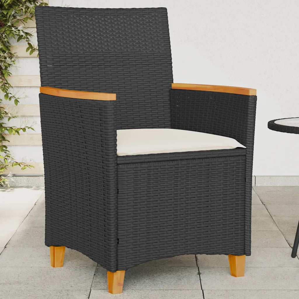 Sedie Giardino con Cuscini 2 pz | Sedie da Esterno Nere Polyrattan e Legno Massello