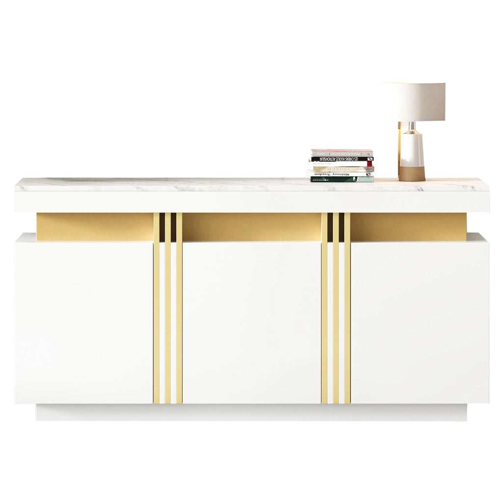 OKWISH Credenza con 3 Ante e 6 Scomparti, Ripiani Regolabili, per Soggiorno o Ingresso, Bianca, 140 x 38 x 70 cm