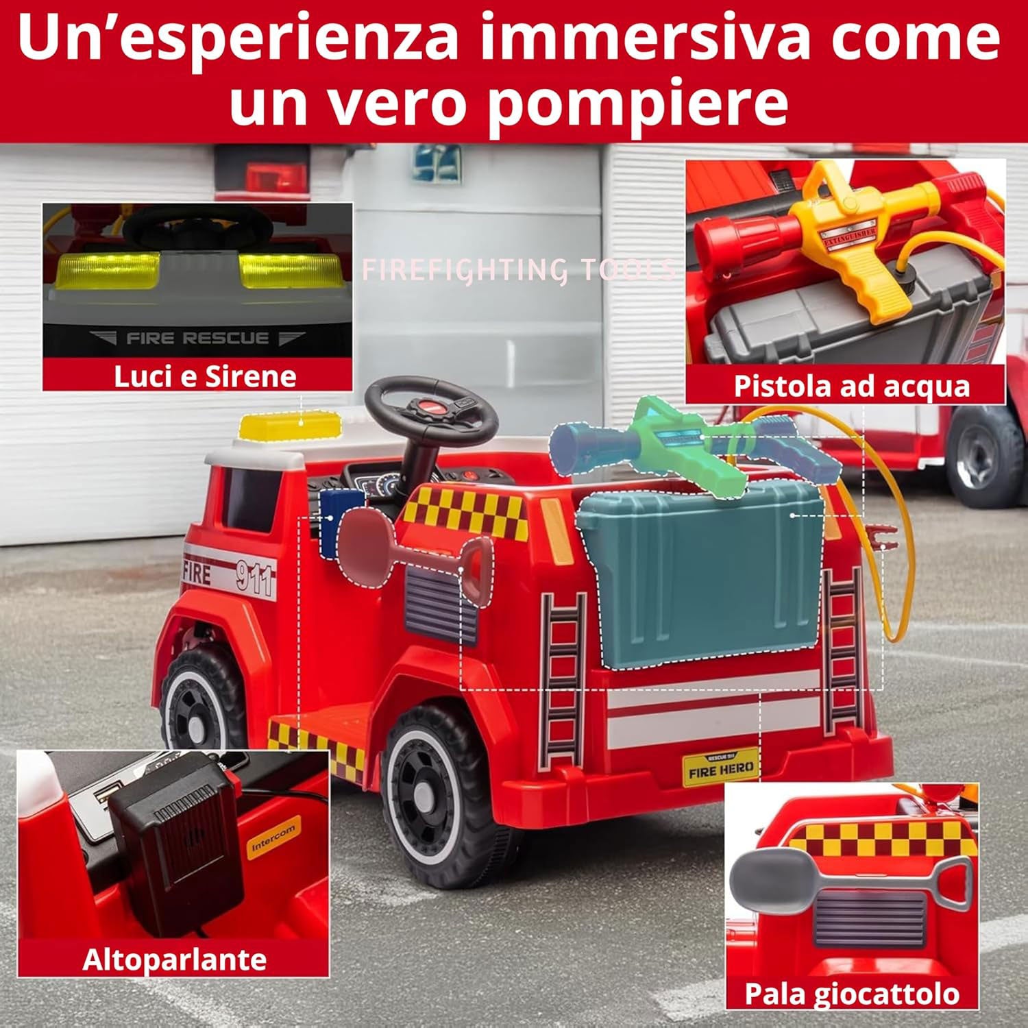 Macchina Elettrica per Bambini Camion dei Pompieri Telecomandato 12V 7,5Ah Rosso