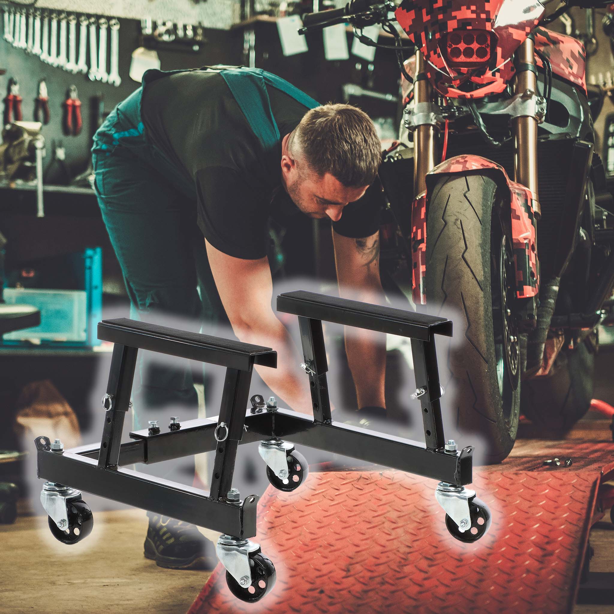Cavalletto alzamoto a rotelle, max 680 kg, per moto e Quad