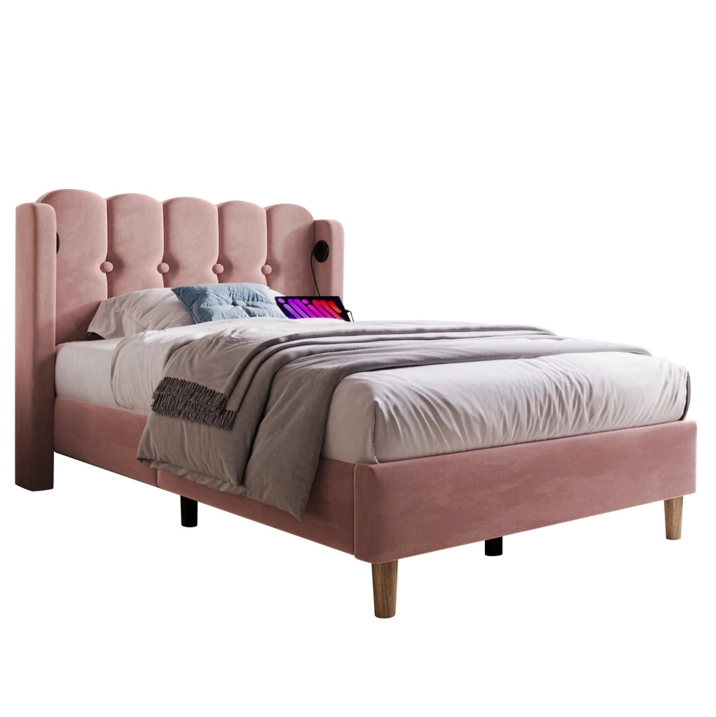 Letto imbottito rosa con ricarica USB e materasso incluso