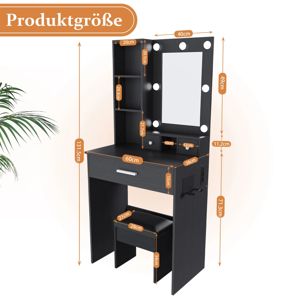 Toeletta nera in MDF con specchio LED, presa e sgabello