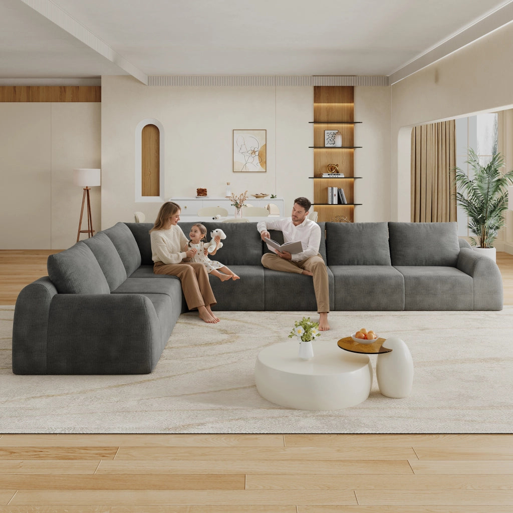 Divano angolare compressato senza struttura in tessuto con imbottitura in schiuma elastica chenille grigio scuro